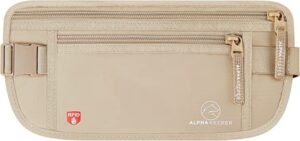 Beige RFID Money Belt with multiple zippers and passport holder.