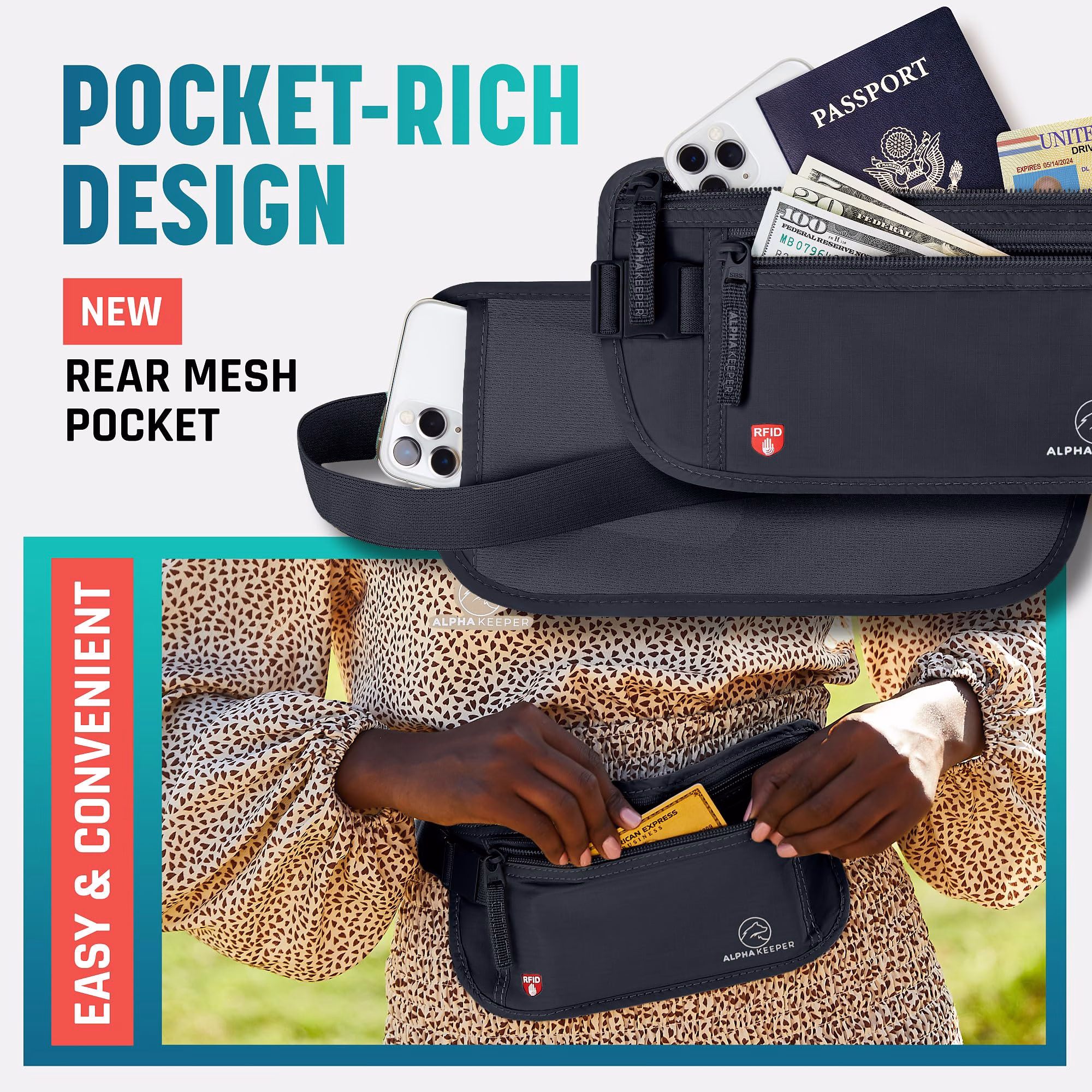 Alpha Keeper Money Belt for Travel Hidden Under Clothes – RFID Blocking Passport Holder & Slim Waist Wallet Pouch for Women & Men, Anti-Theft Travel Accessories — image 5